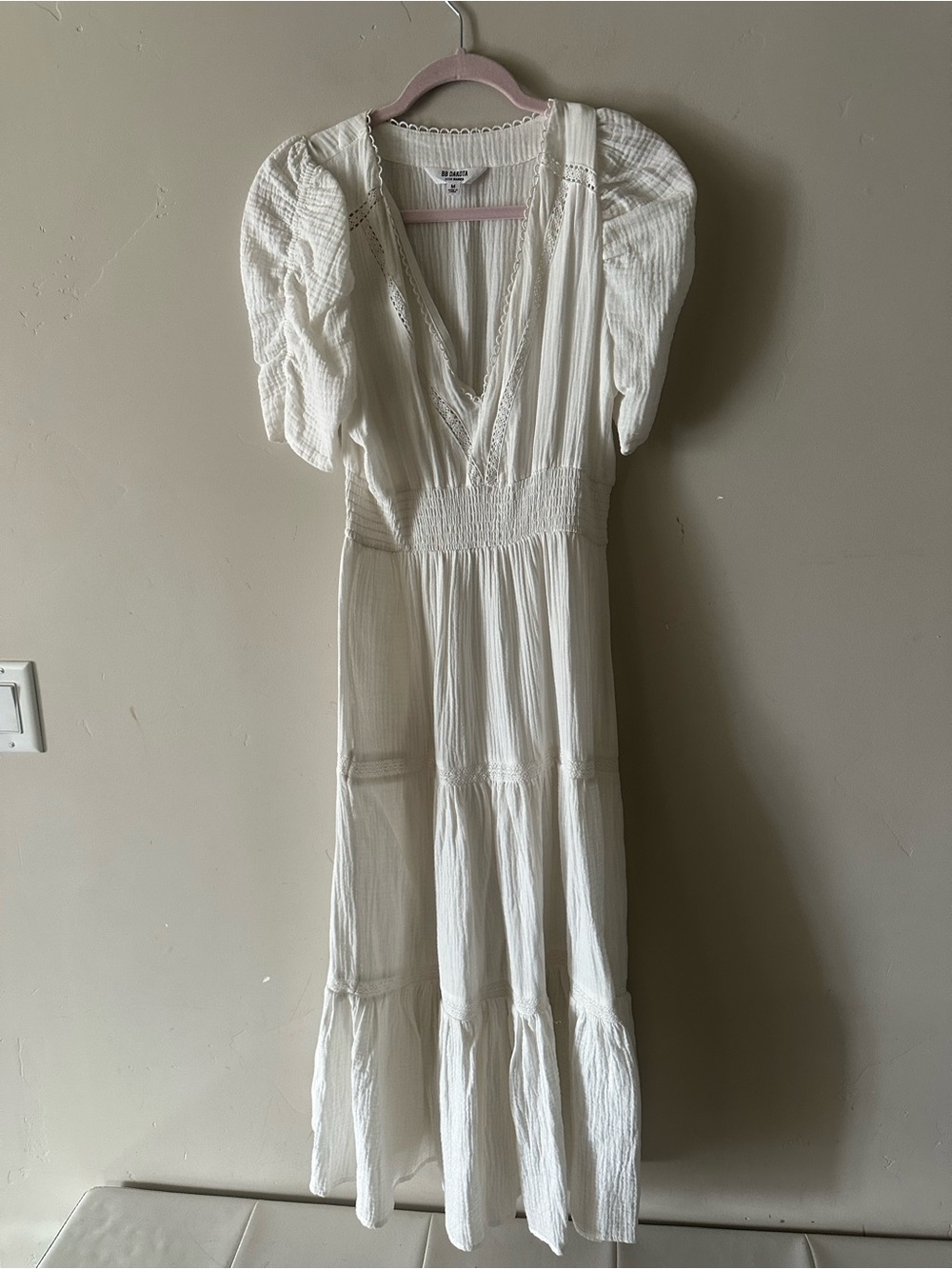 BB Dakota White Midi Dress with Puff Sleeves